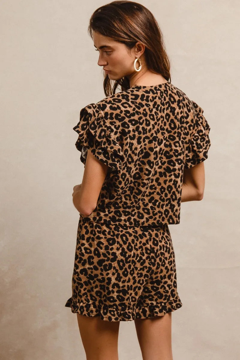 BiBi Leopard Print Waffle Texture Layered Ruffle Sleeve Top and Shorts Set - Fashorio
