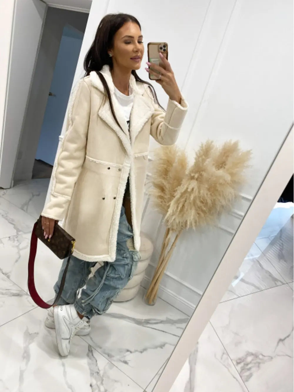 Lapel Collar Exposed Seam Buttoned Coat Cream - Fashorio