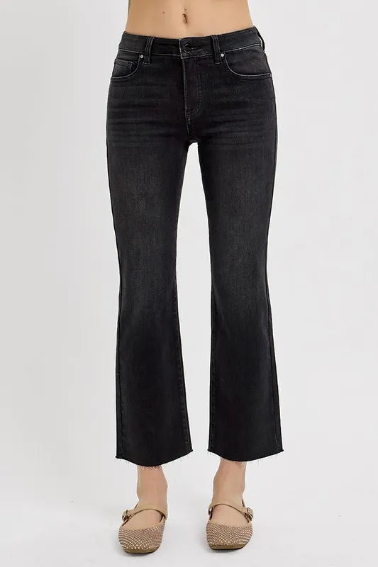 RISEN Tummy Control Mid Rise Crop Straight Jeans – Flattering Denim Black - Fashorio