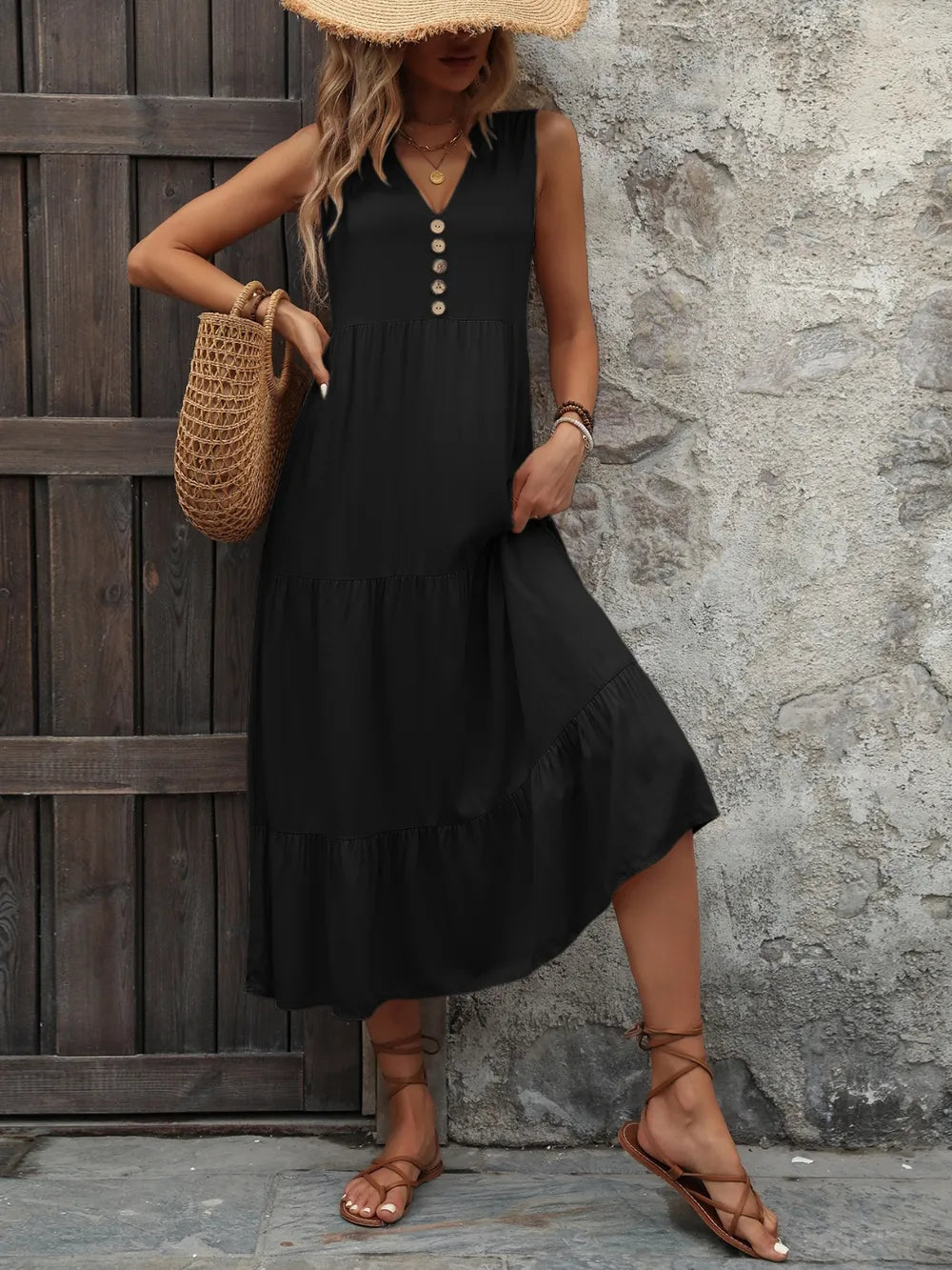 Ivy Lane Decorative Button Notched Sleeveless Dress - Fashorio