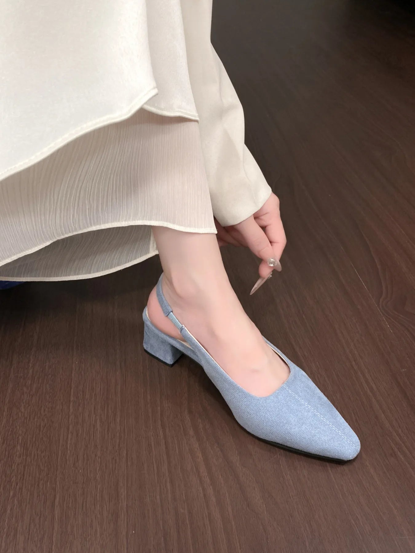 Point Toe Block Heel Pumps Blue - Fashorio