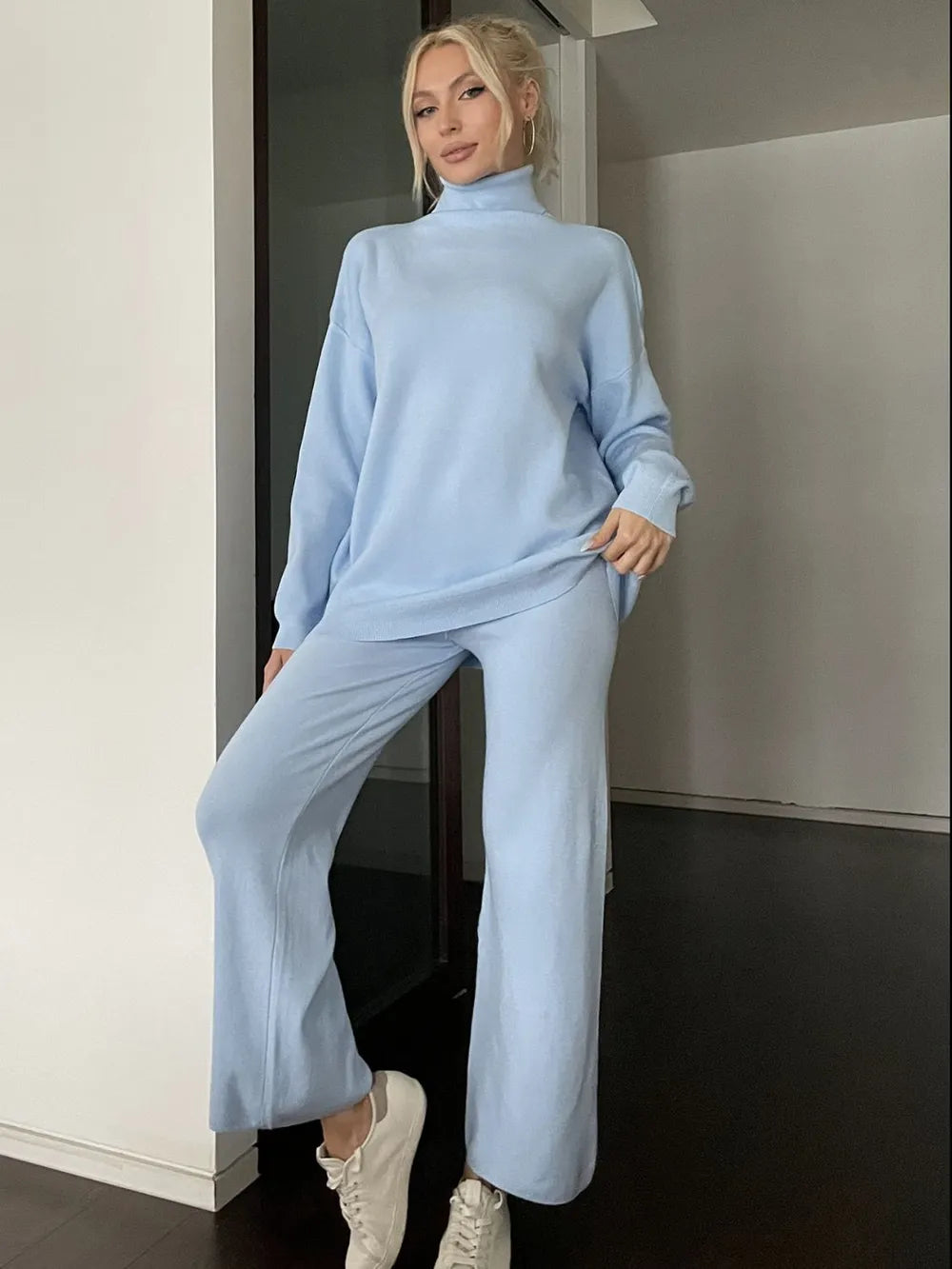 Turtleneck Long Sleeve Top and Drawstring Pants Sweater Set - Fashorio