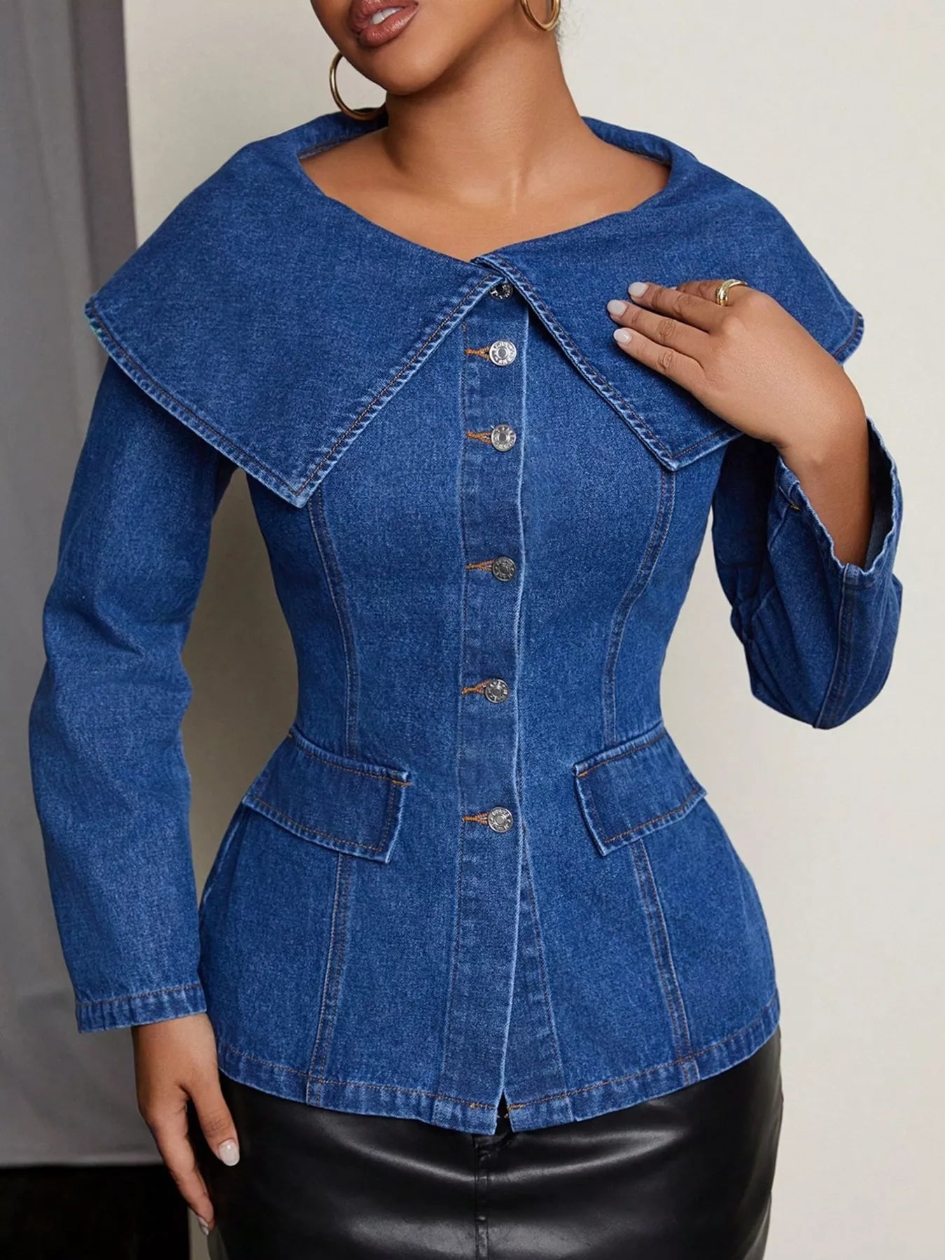 Button-Front Long Sleeve Denim Top - Fashorio