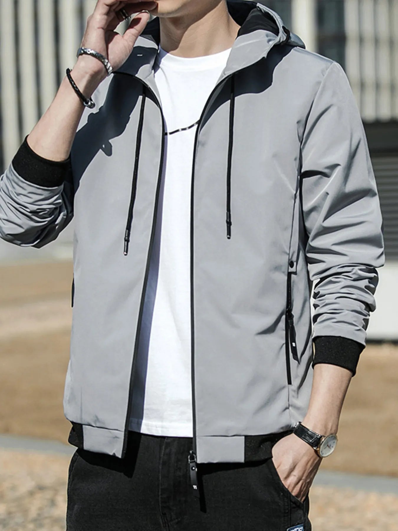 Men's Plus Size Drawstring Zip Up Long Sleeve Hooded Jacket Light Gray - Fashorio