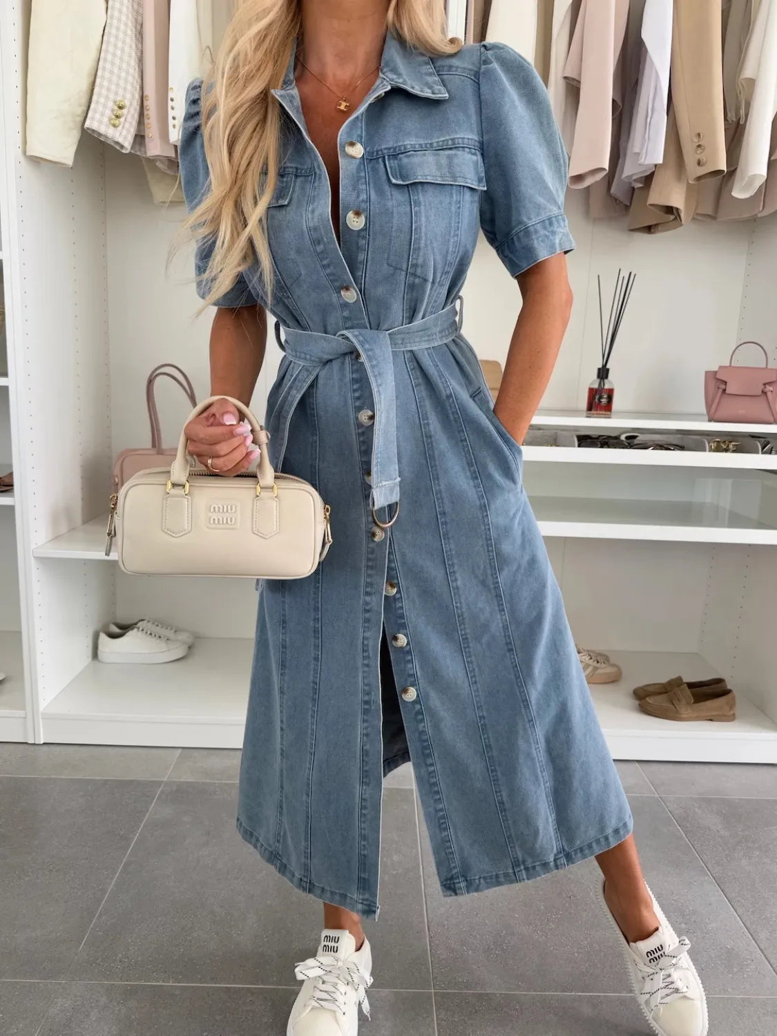 Puff Sleeve Button Down Belted Denim Midi Dress Blue - Fashorio
