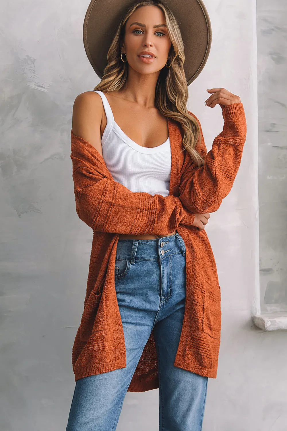 Open Front Textured Cardigan with Pockets - Fashorio