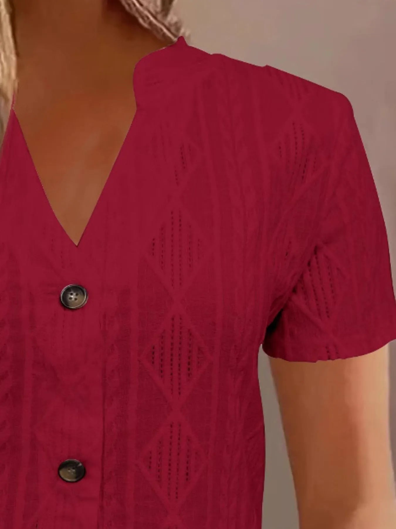Textured Notched Short Sleeve Blouse - Fashorio