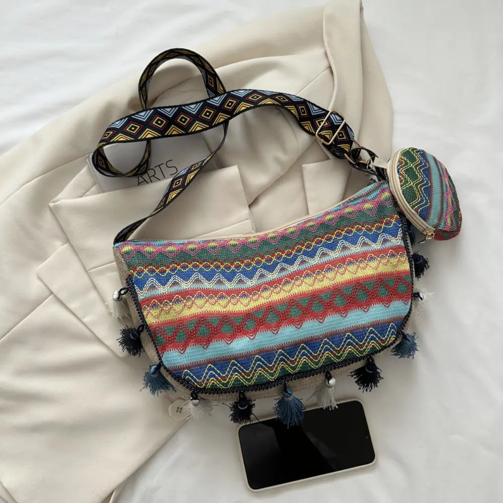 Printed Tassel Detail Crossbody Bag with Small Purse - Fashorio