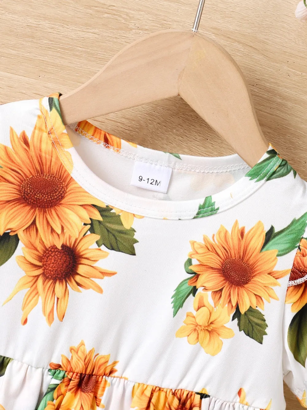 Children's Sunflower Ruffled Short Sleeve Top and Shorts Set - Fashorio