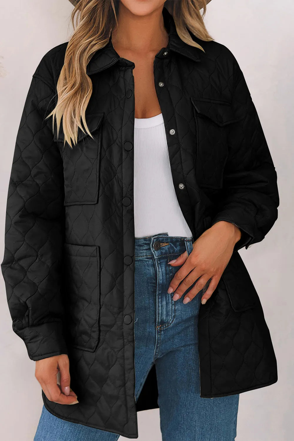 Snap Down Collared Winter Coat Black - Fashorio