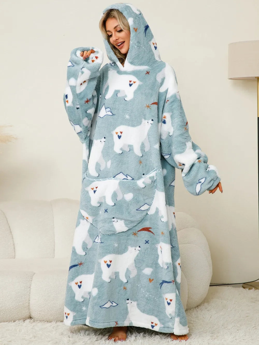 Fuzzy Pocketed Long Sleeve Hooded Lounge Dress - Fashorio