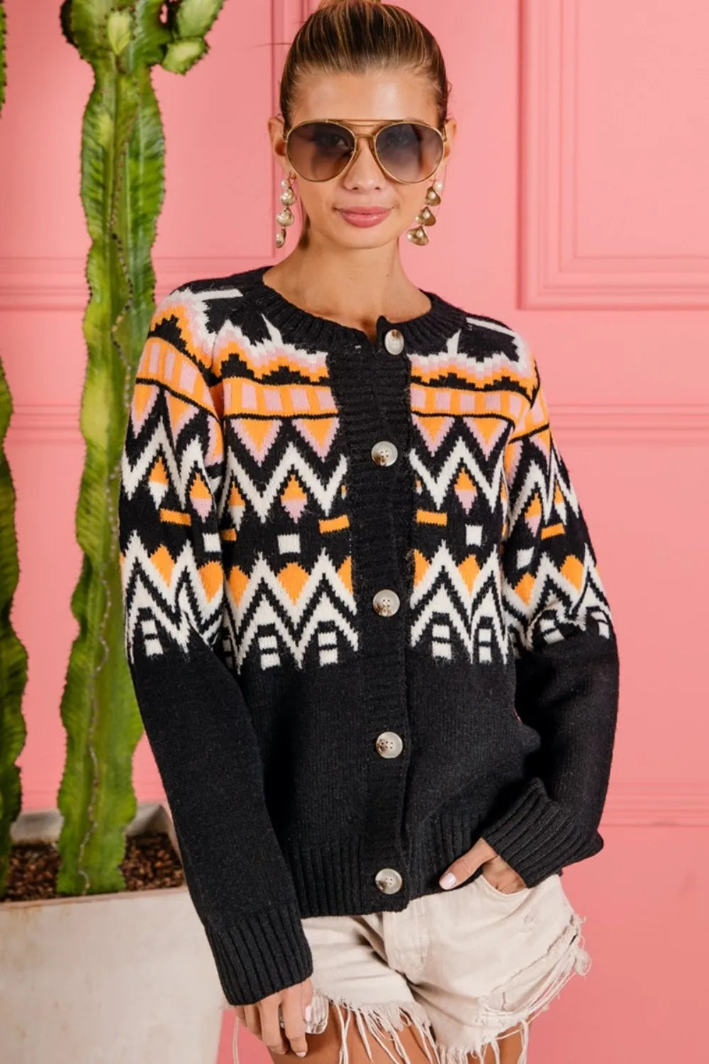 BiBi Ethnic Pattern Button Up Knit Cardigan Black Multi - Fashorio
