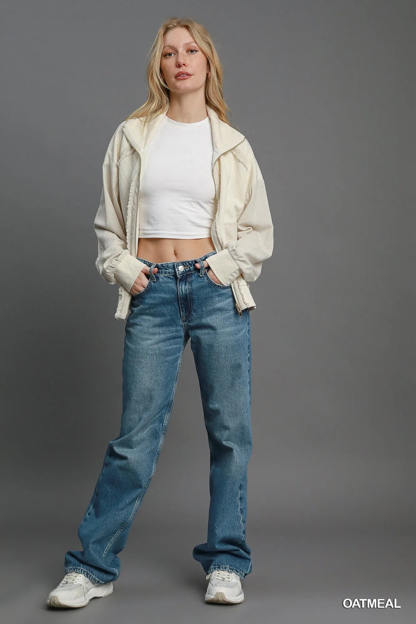 Women’s Jacquard Zip Up Jacket with Linen Blend - Fashorio