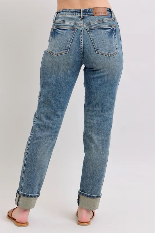 Judy Blue Full Size Mid Rise Vintage Wash Double Roll Cuff Boyfriend Jeans Plus Size - Fashorio