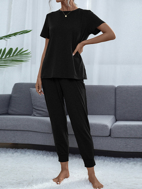 Shiny Round Neck Short Sleeve Top and Pants Set - Fashorio