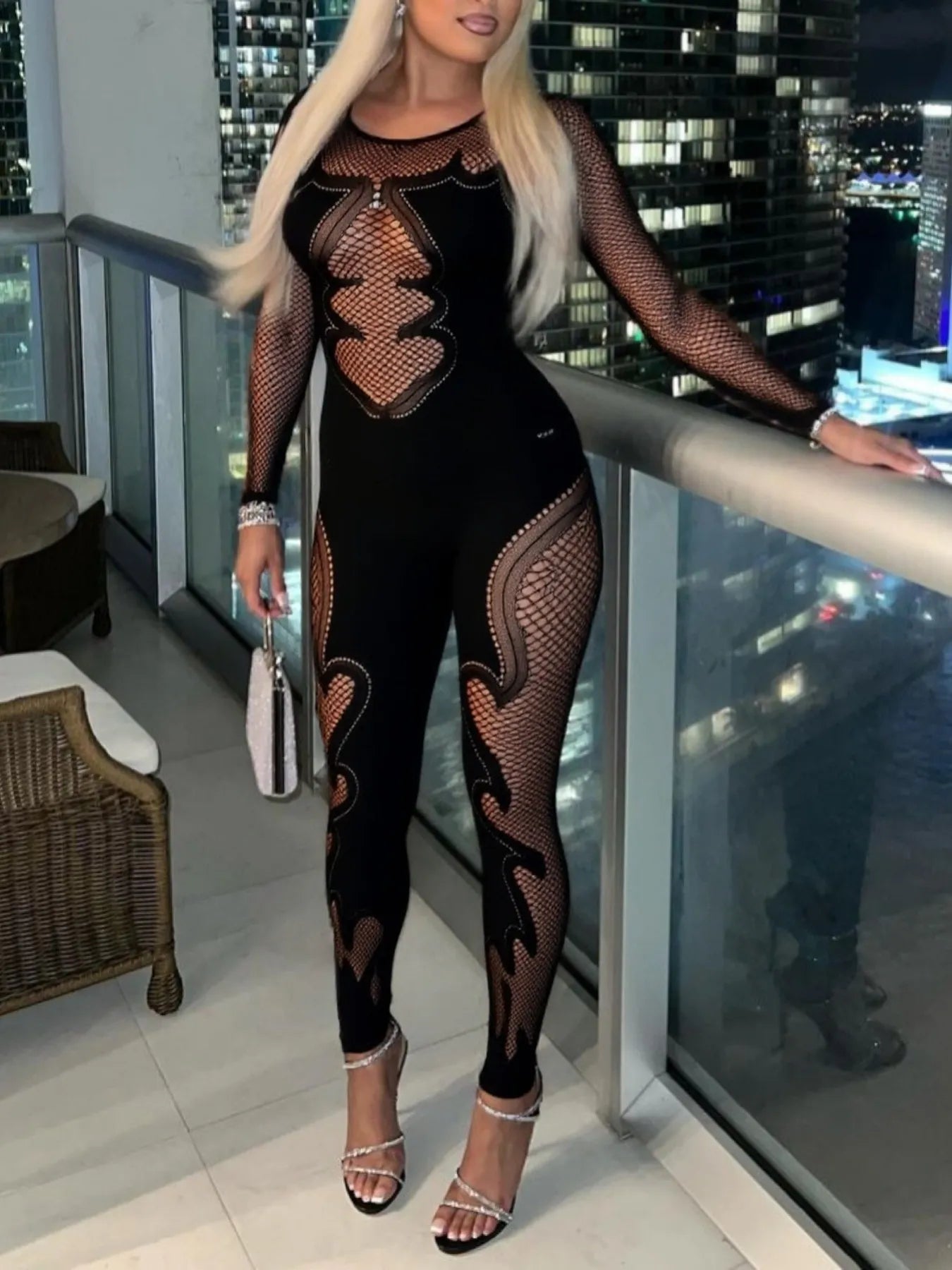 Fishing Net Sheer Long Sleeve Jumpsuit - Fashorio