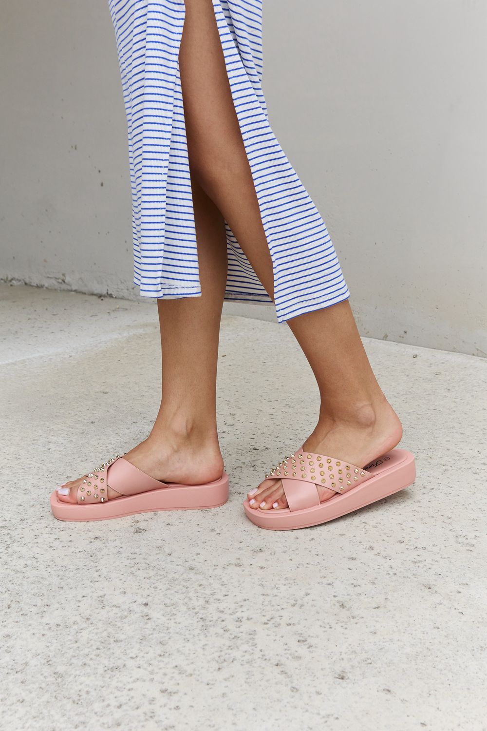 Forever Link Studded Cross Strap Sandals in Blush - Fashorio