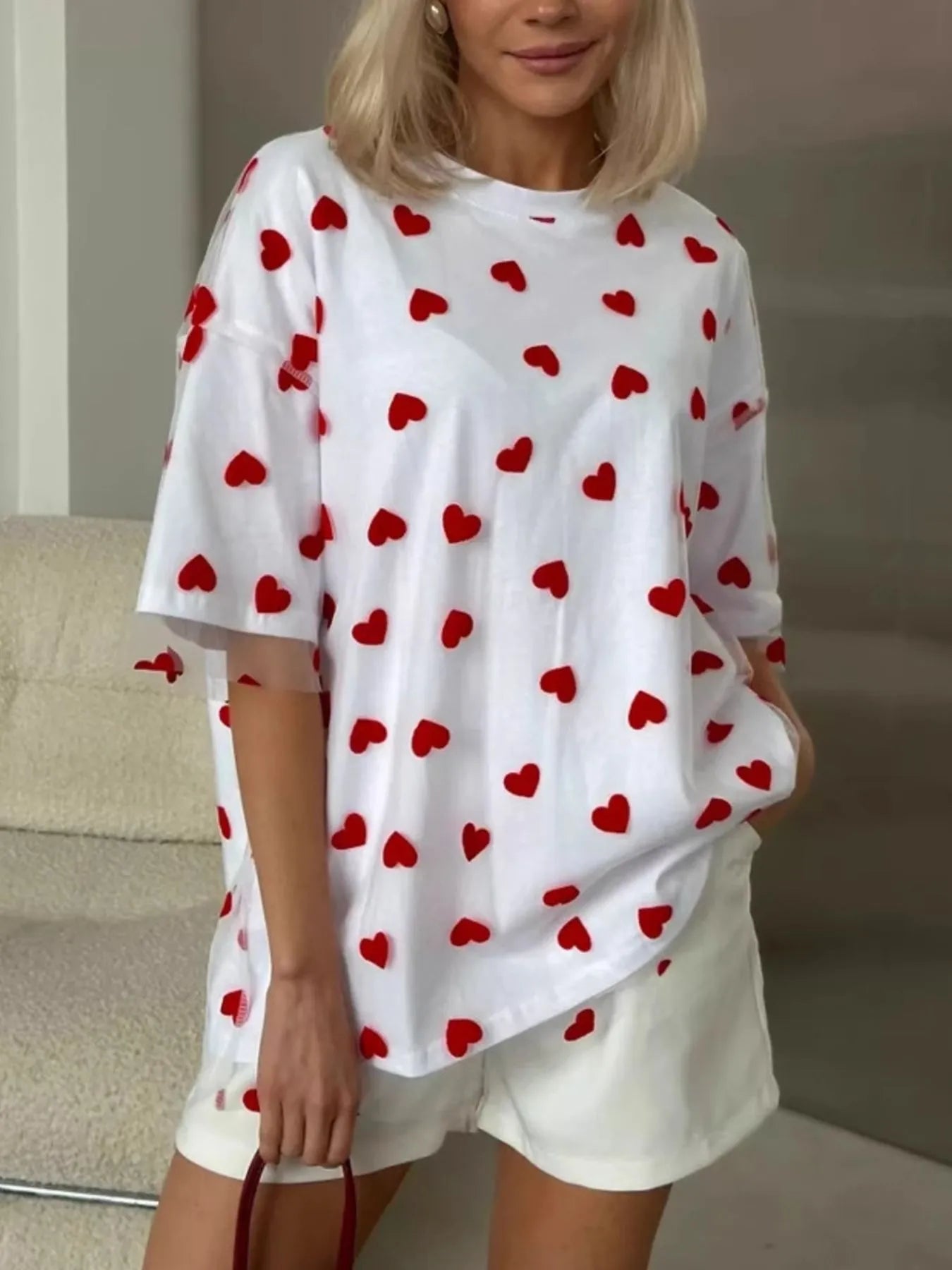 Heart Print Oversized T-Shirt Ivory White - Fashorio