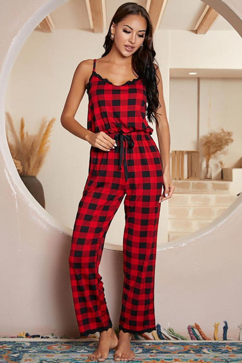 Plaid Lace Trim Spaghetti Strap Jumpsuit - Fashorio