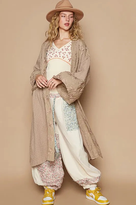 POL Flower Lace Trim Open Front Longline Cardigan - Fashorio