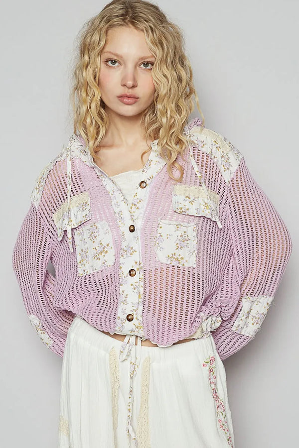 POL Vintage Washed Crochet Hoodie Jacket With Patchwork LAVENDER MULTI - Fashorio