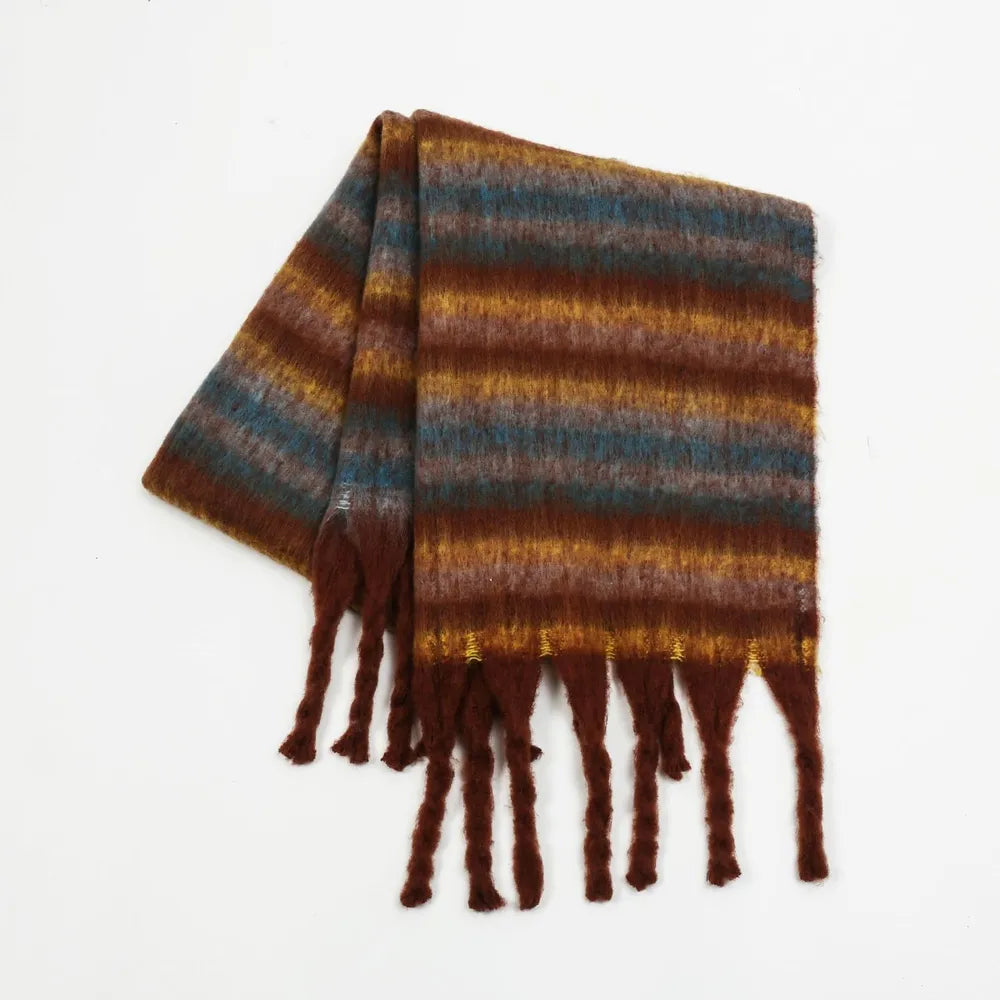 Fringe Contrast Striped Polyester Scarf Dark Brown One Size - Fashorio