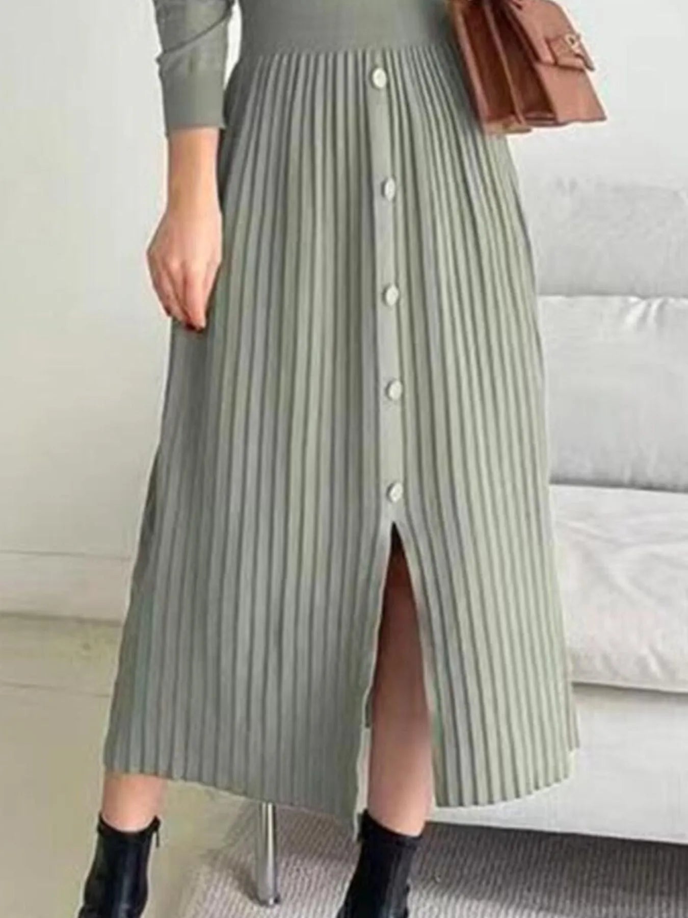 Slit Front Mock Neck Long Sleeve Knit Dress - Fashorio