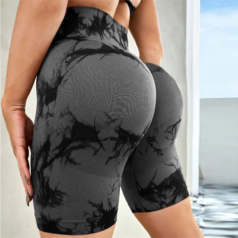 Tie-Dye High Waist Active Shorts Dark Gray - Fashorio