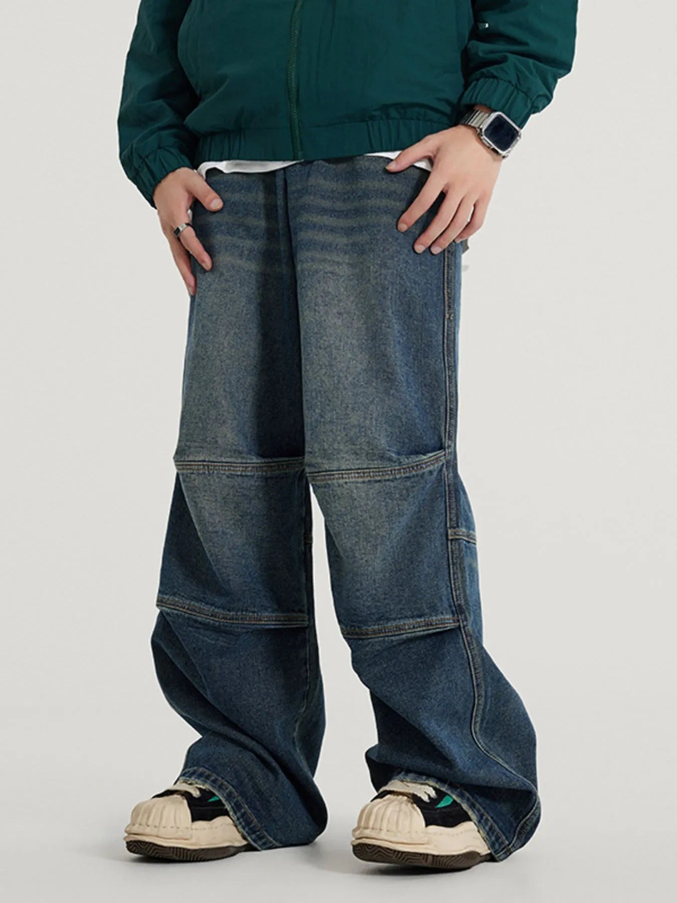 Men's Vintage Wide Leg Utility Jeans with Multi-Panel Design - Fashorio