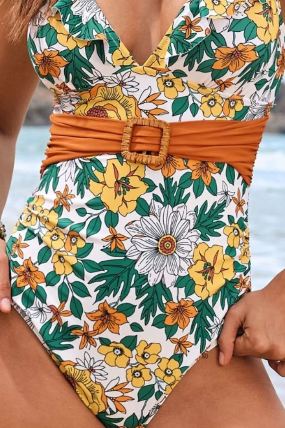 Ruffled Plunge Floral One-Piece Swimwear - Fashorio