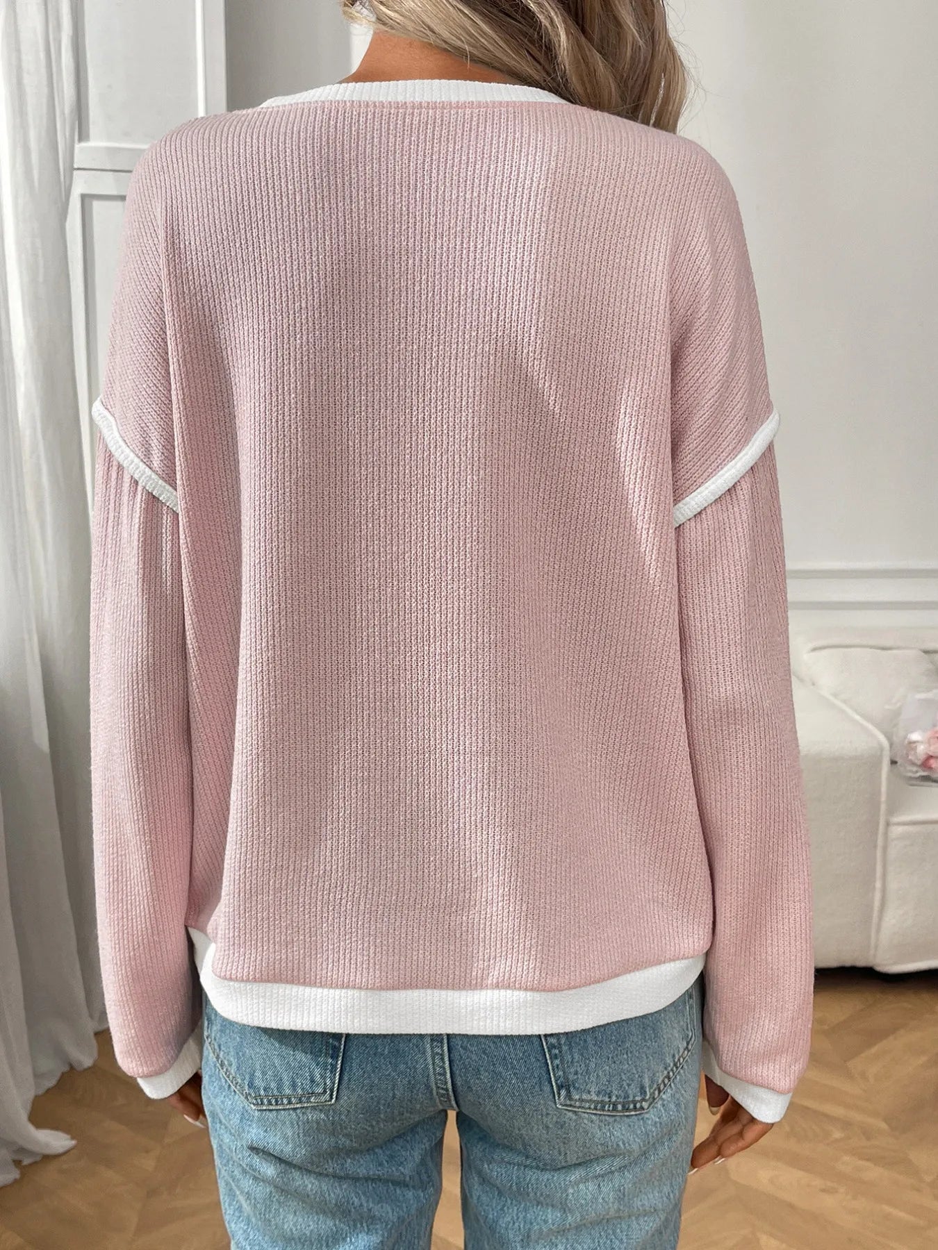 Ribbed Contrast Trim Long Sleeve Top - Fashorio
