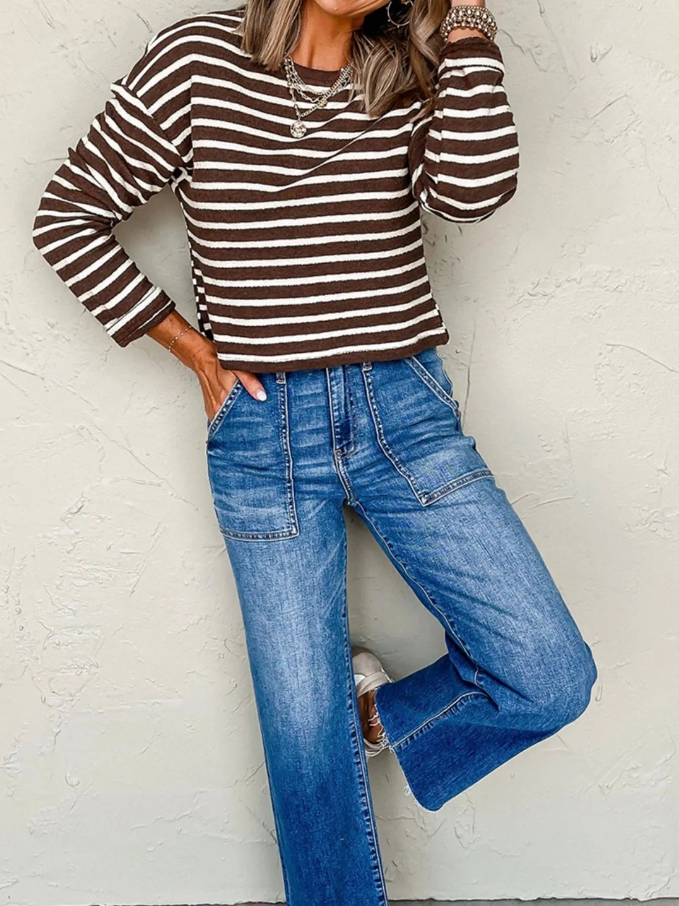 Stripe Cropped Crew Neck Long Sleeve T Shirt - Fashorio
