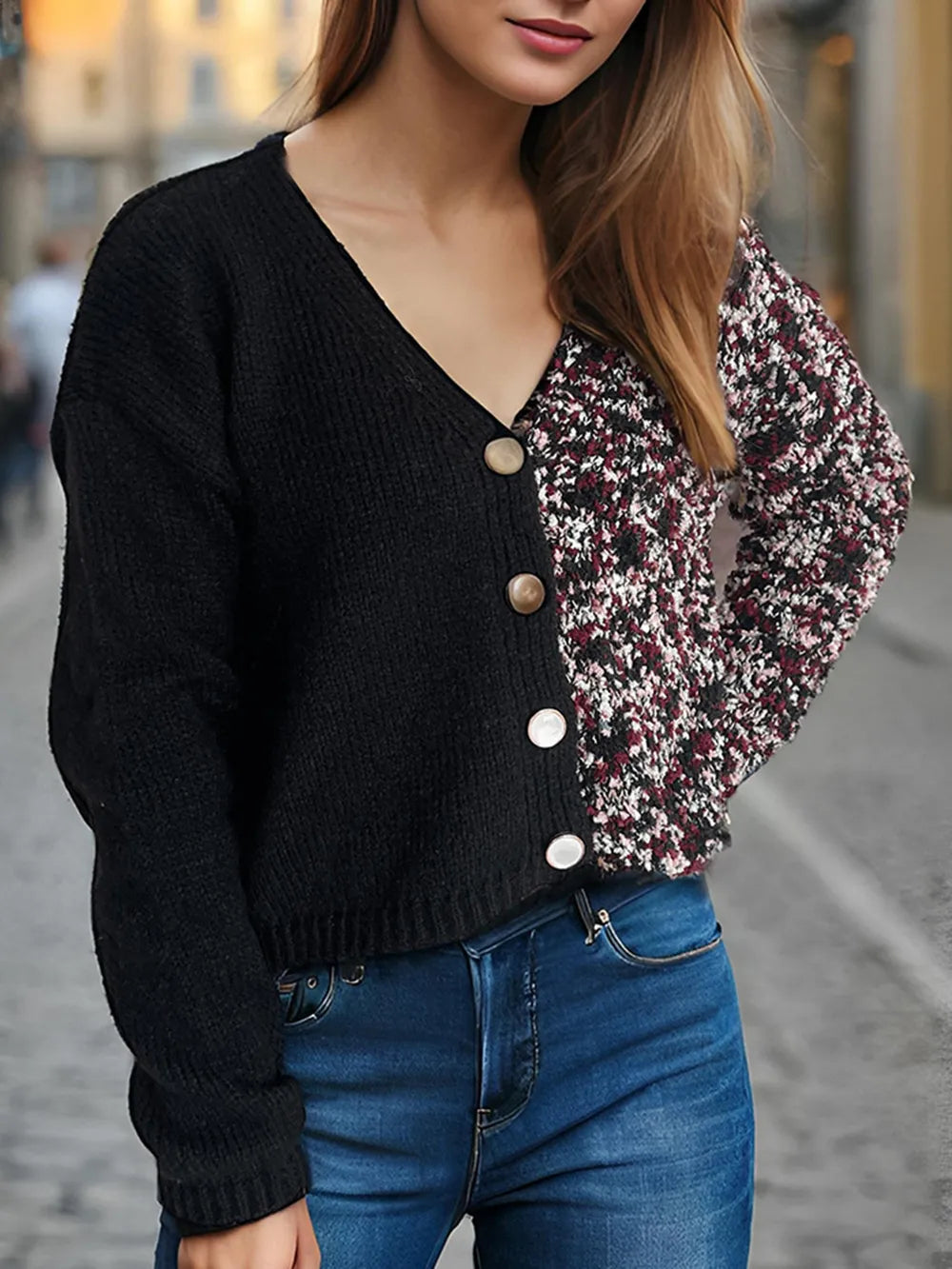 Contrast Button Up V-Neck Cropped Cardigan - Fashorio