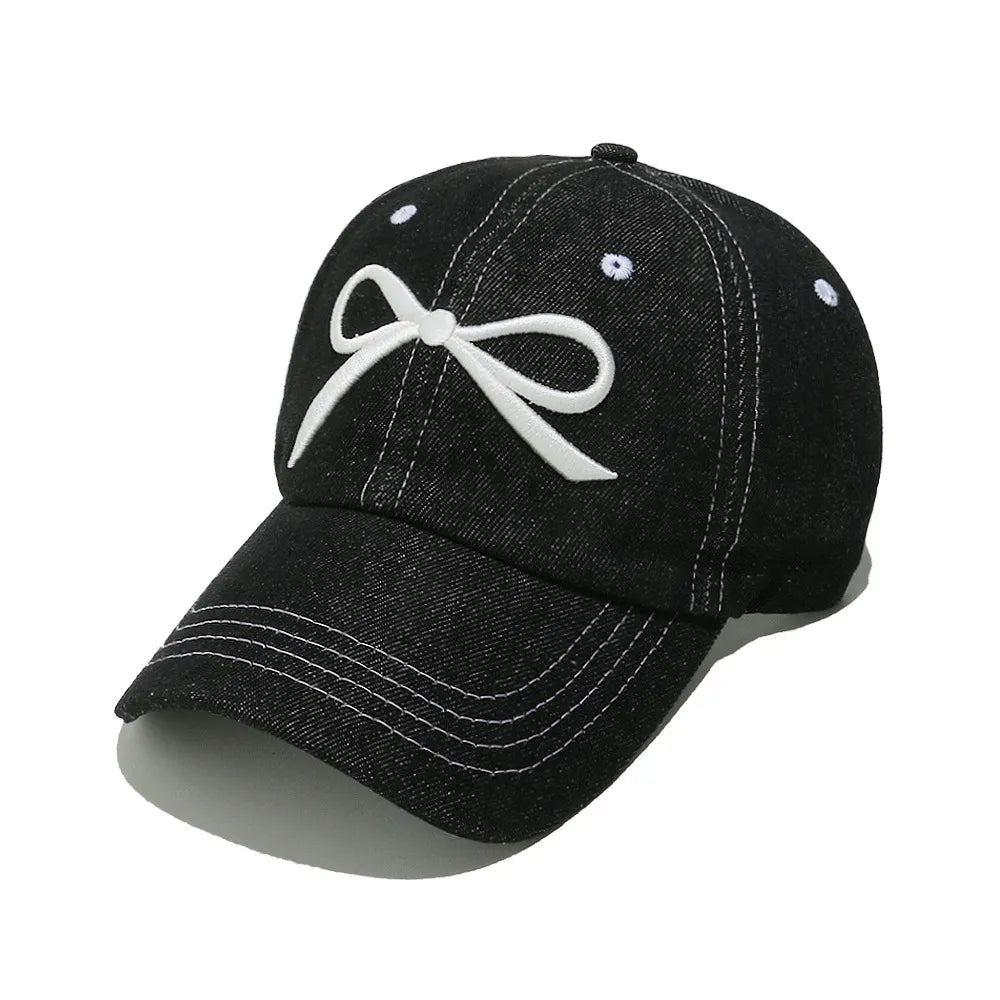Bow Embroidered Denim Baseball Cap Black One Size - Fashorio