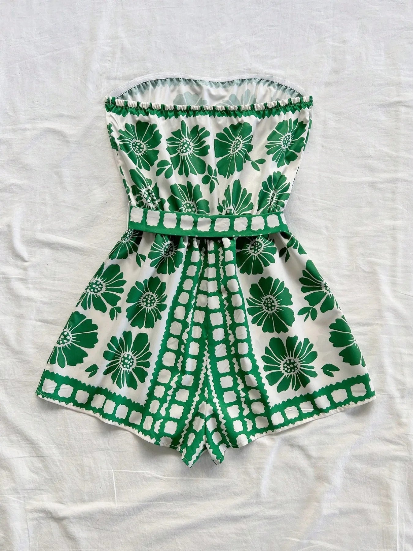 Printed Tube Tie Waist Romper - Fashorio