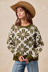 BiBi Flower Pattern Long Sleeve Sweater OLIVE IVORY - Fashorio