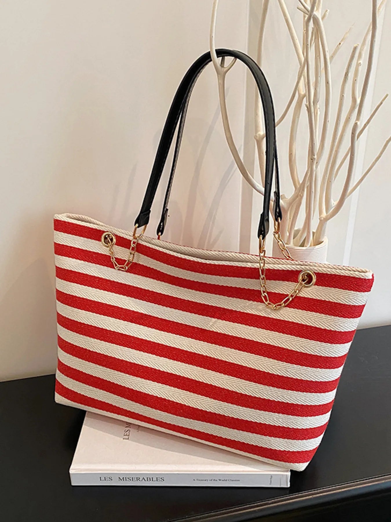 Striped Shoulder Bag with Chain Detail Red One Size - Fashorio