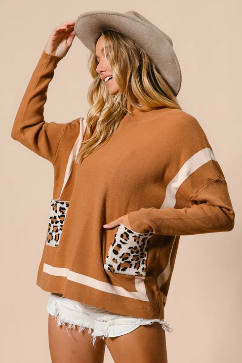 BiBi Mock Neck Sweater with Leopard Pocket - Fashorio