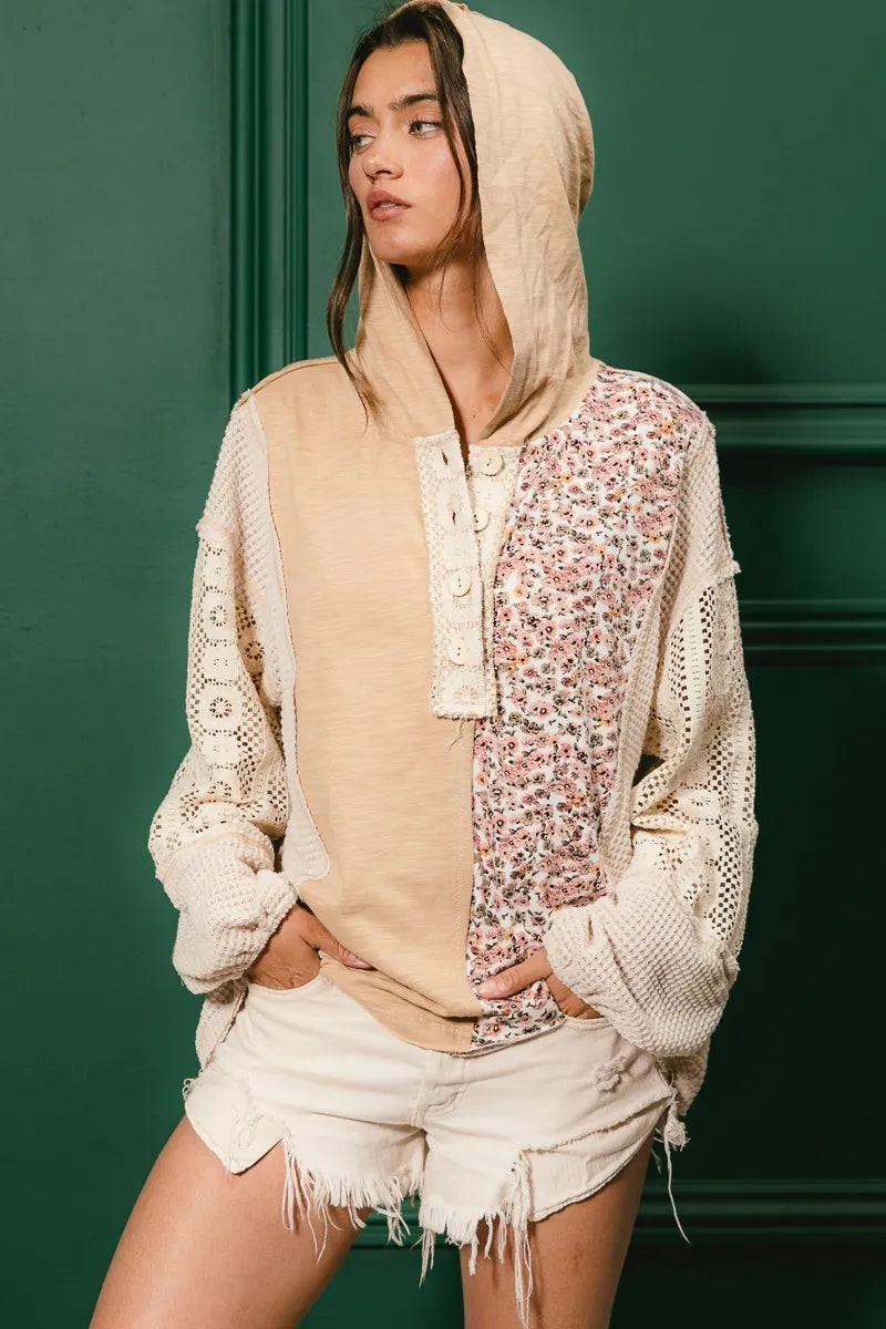 BiBi Slub Jersey with Lace Combo Buttoned Hoodie Top - Fashorio