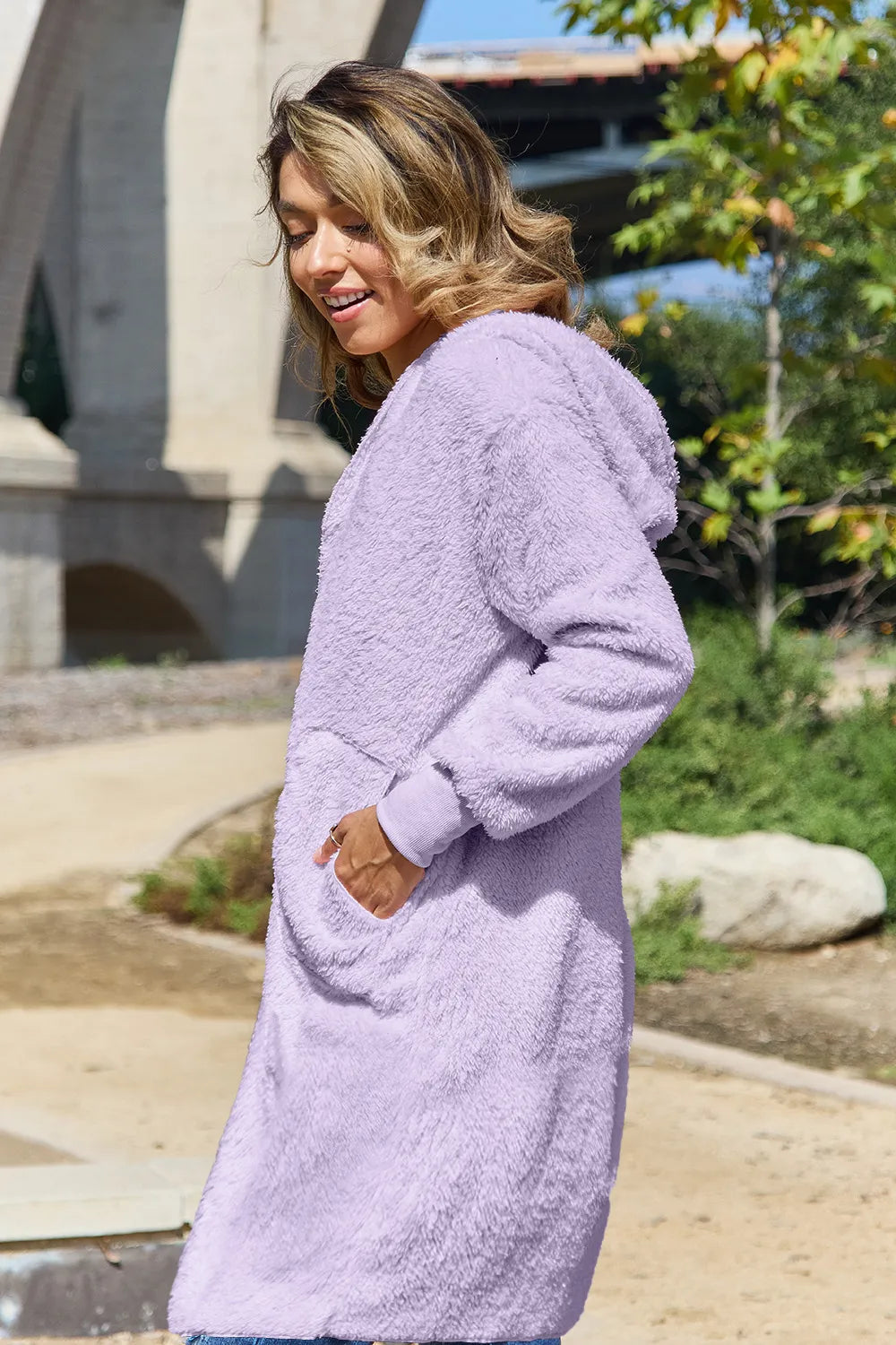 Double Take Full Size Hooded Teddy Bear Jacket with Thumbholes - Fashorio