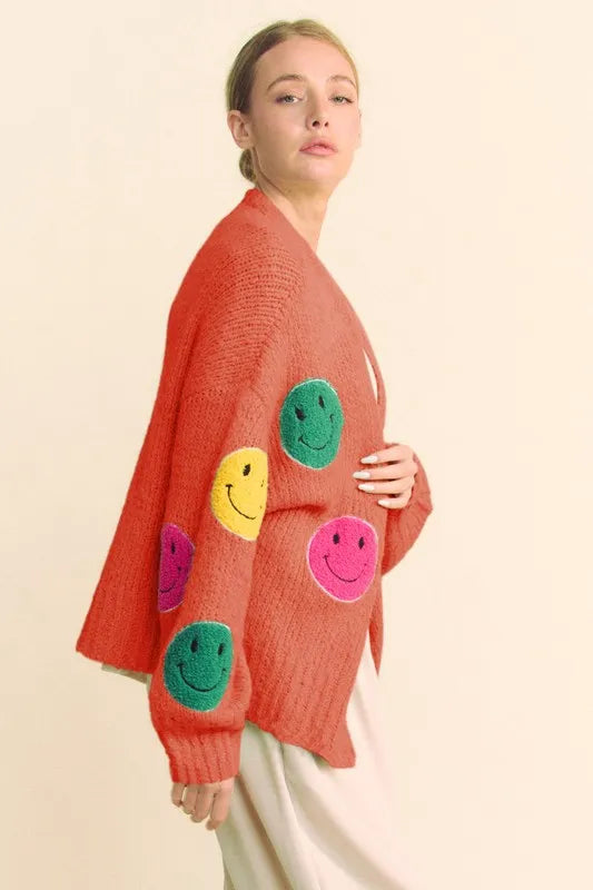 Davi & Dani Fuzzy Smile Open Front Long Sleeve Cardigan - Fashorio