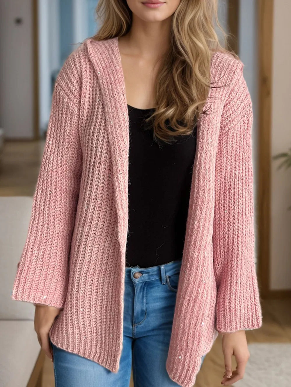 Sequin Detail Long Sleeve Hooded Cardigan Dusty Pink One Size - Fashorio