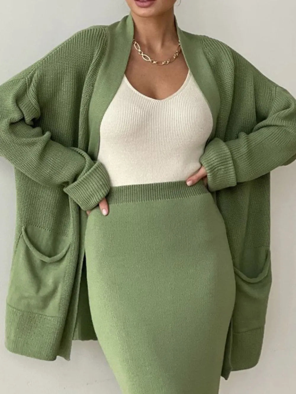 Pocketed Long Sleeve Cardigan and Skirt Sweater Set - Fashorio