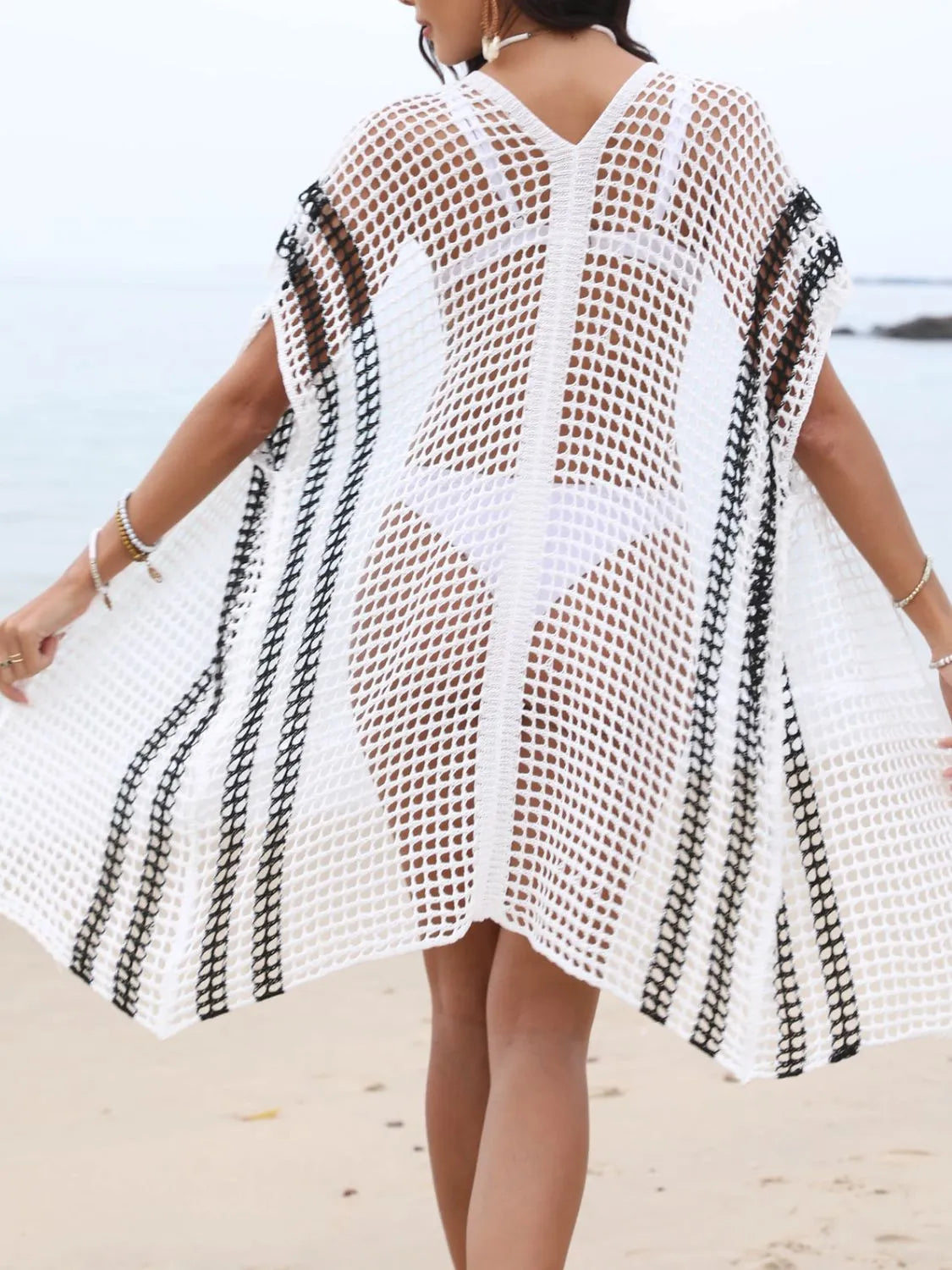 Open Front Contrast Openwork Cover-Up - Fashorio