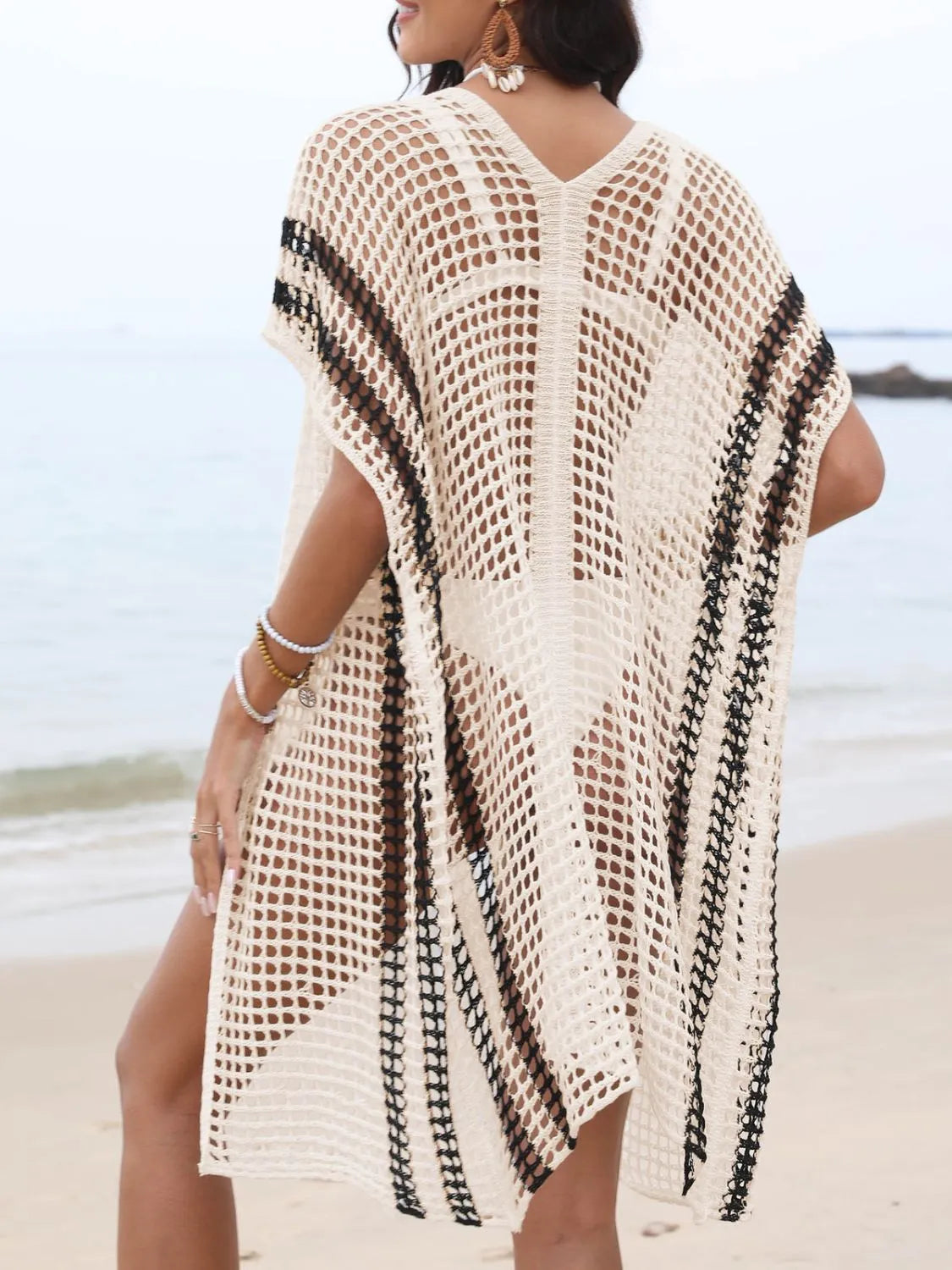 Open Front Contrast Openwork Cover-Up - Fashorio