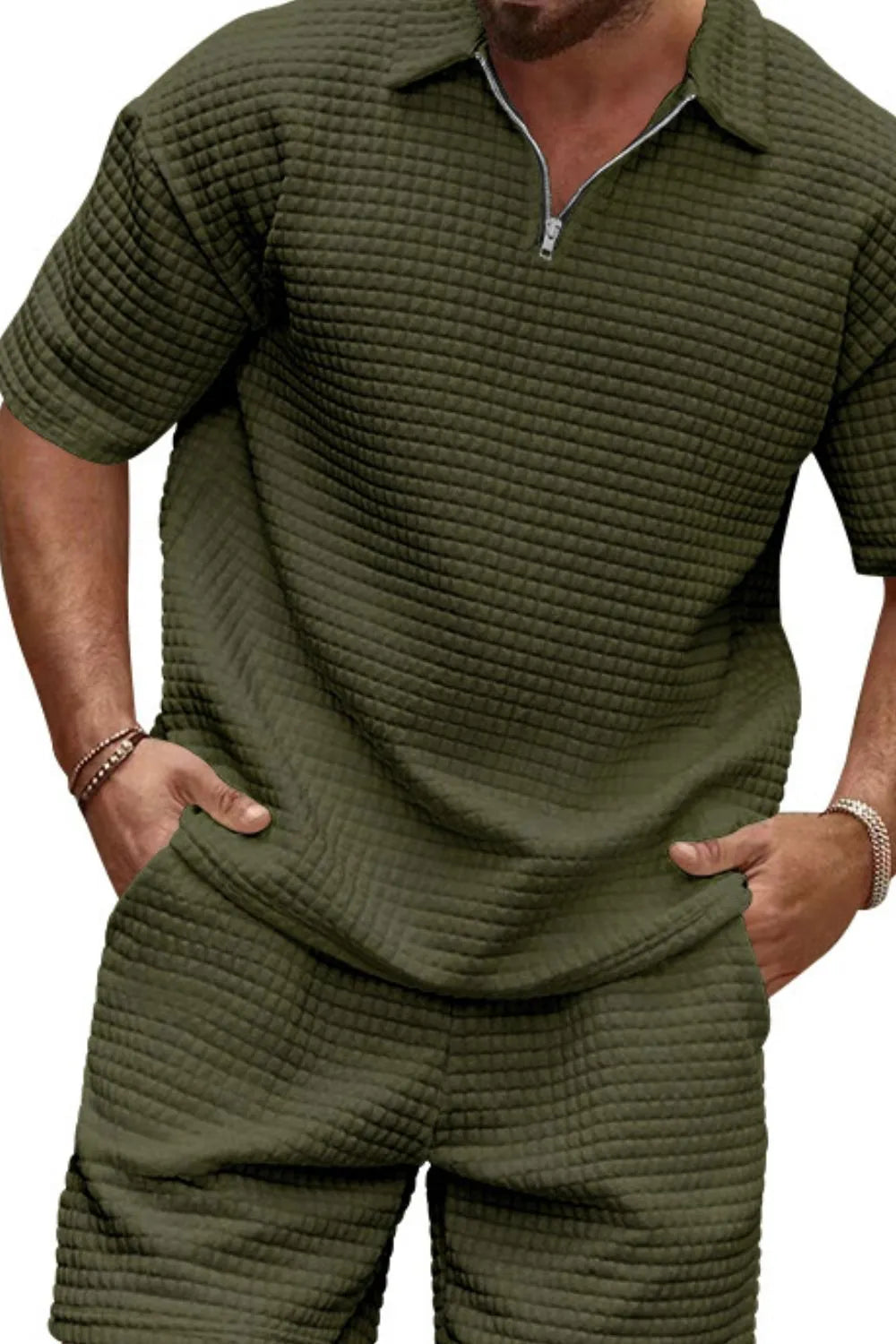 Men's Full Size Zip Collar Short Sleeve Top and Shorts Set Plus Size Army Green - Fashorio