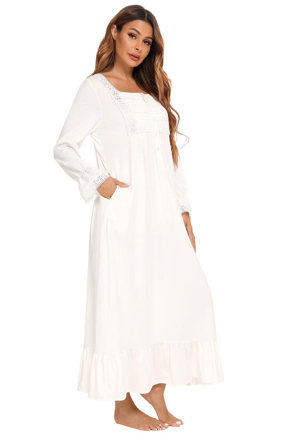 Lace Detail Square Neck Flounce Sleeve Night Dress - Fashorio
