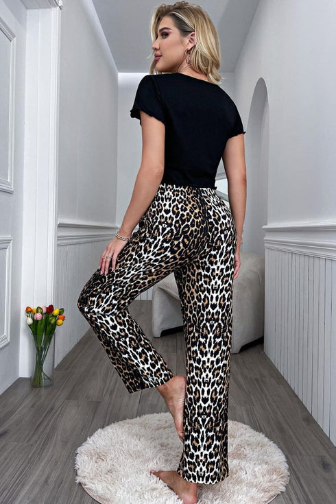 Lettuce Trim Cropped T-Shirt and Leopard Pants Lounge Set - Fashorio
