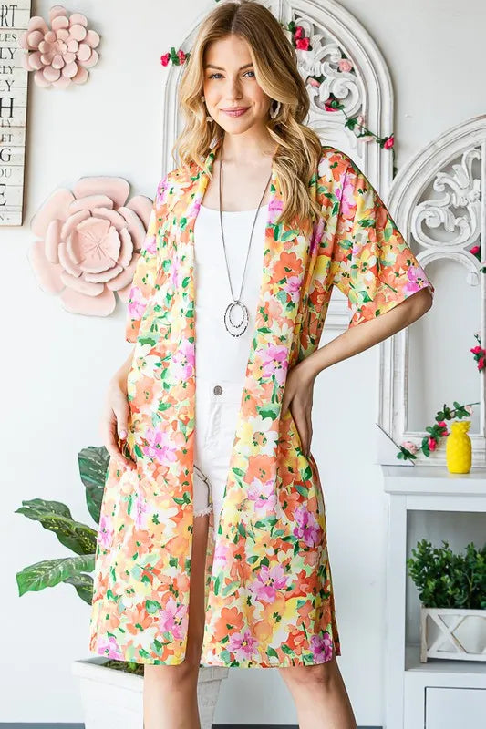 Heimish Full Size Half Sleeve Multi Color Floral Open Cardigan Plus Size - Fashorio