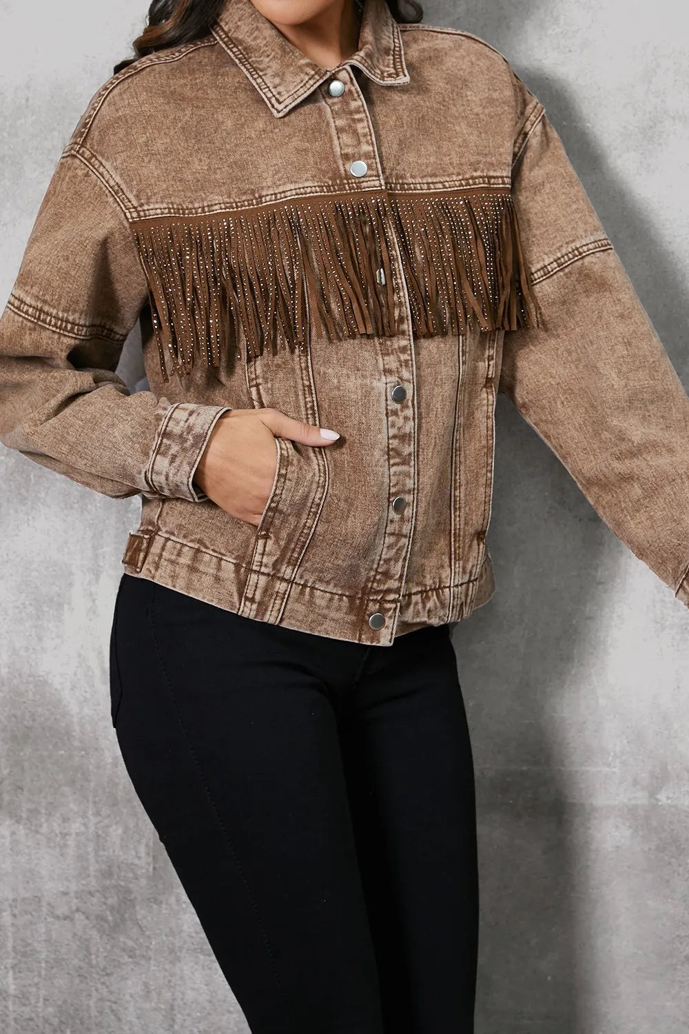 Fringe Trim Snap Down Denim Jacket - Fashorio